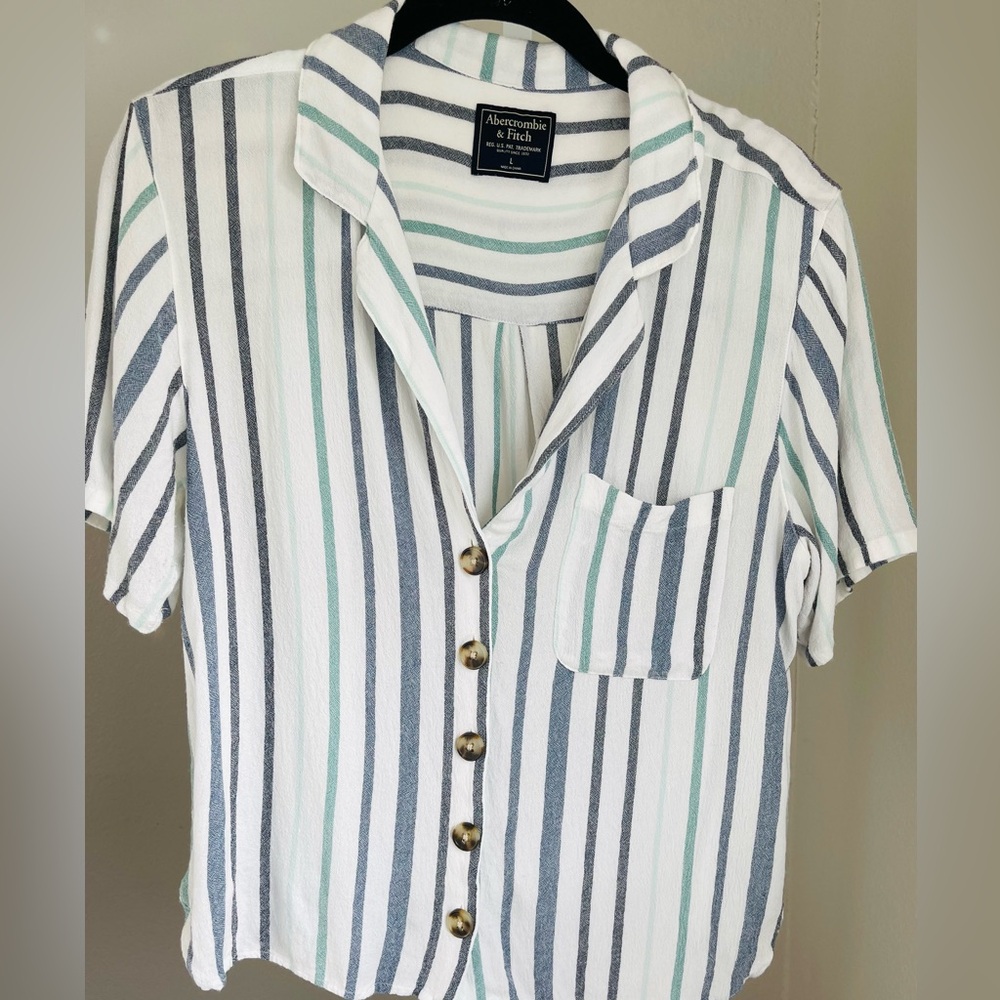 Abercrombie & Fitch Striped Button-Up Blouse - White, Blue, Green